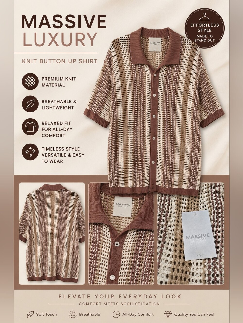 Massive Luxury NYC Open-Knit Short Sleeve Top — Cream & Brown